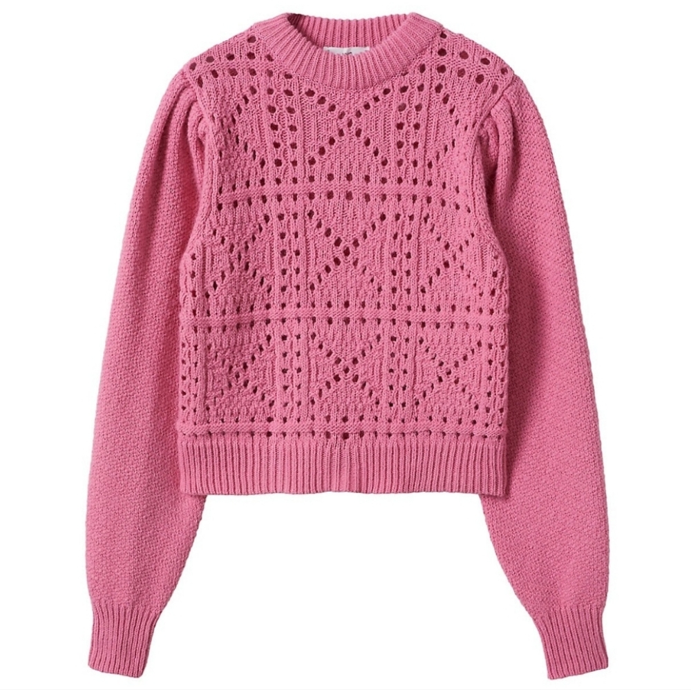 Mango Pointelle Knit Crewneck Sweater Pink Small